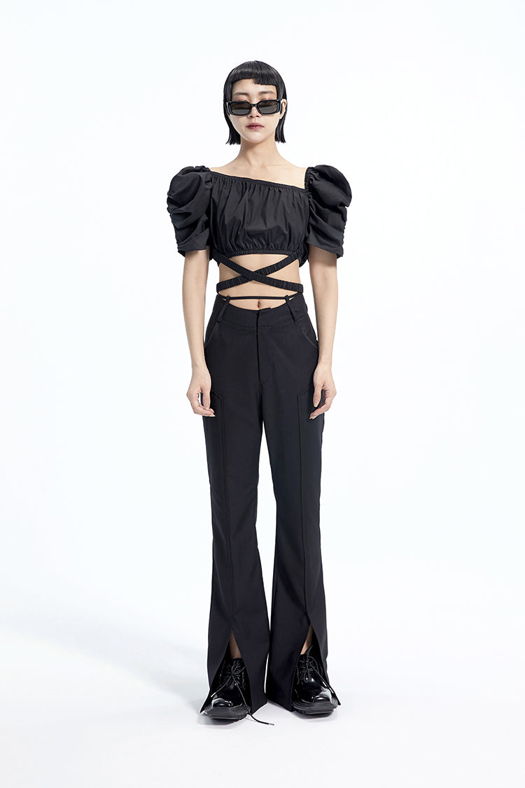 TINY IN Black Curved Flared Women's High Waist Trousers - CAMA