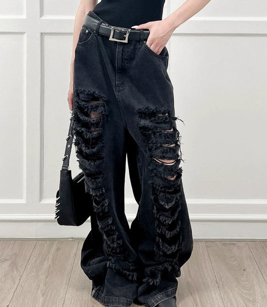 ANNAKIKI  Designer Women's Niche Black Ripped Distressed Jeans Wide-leg Pants-SPIKE