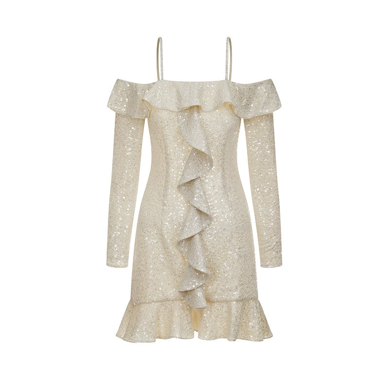 Wardrobes by Chen Elegant Beige Golden Strap Long Sleeve Ruffle Party Dress-TRUDY