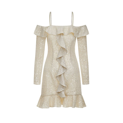 Wardrobes by Chen Elegant Beige Golden Strap Long Sleeve Ruffle Party Dress-TRUDY
