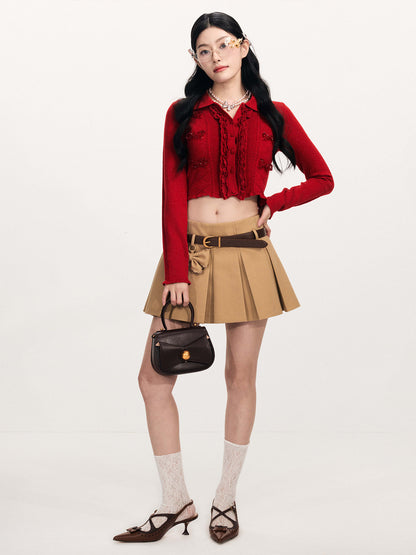 FAME A-line bow ornament pleated brown skirt with belt - ANDY.
