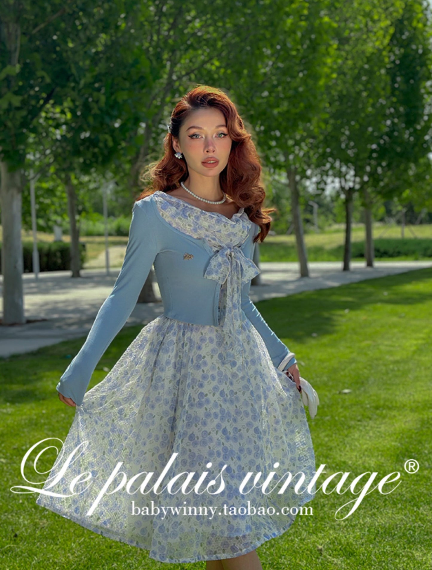 Le Palais Vintage elegant blue floral shawl collar chiffon dress-DIDI