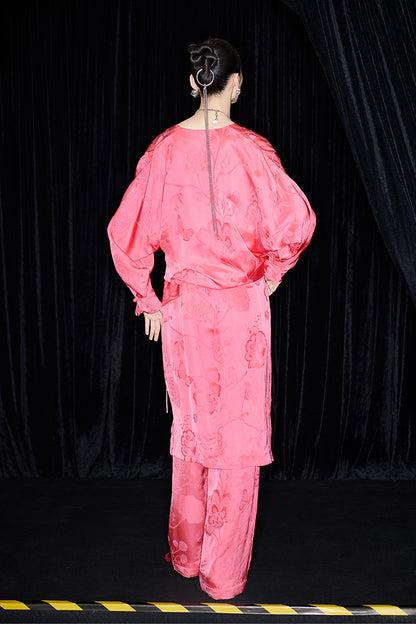 M essential Mackay designer lotus petal red jacquard tether folded loose shirt - BIRD.