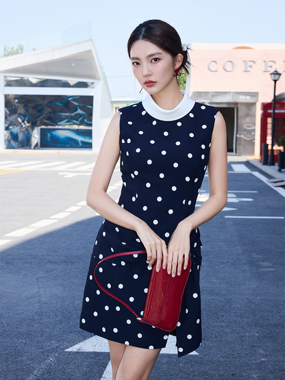 YES BY YESIR | Ye Qian Polka Dot Print Sleeveless Dress with Loop Knot & Deconstructed Charm-GENEVA.