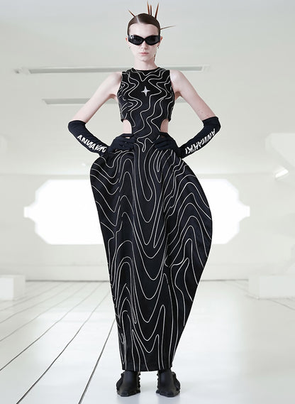 ANNAKIKI  triacetic fractal wave embroidered long dress-JINGCHU.