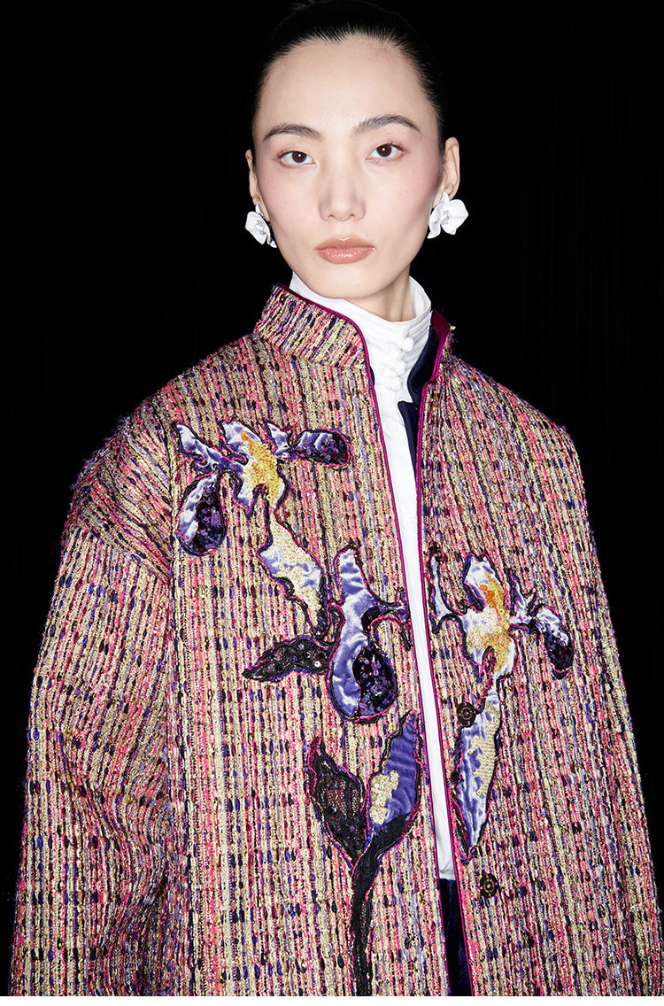 M essential Mackay designer Kneaded Gold Iris Layered Embroidery Loose Jacket - IDEM.