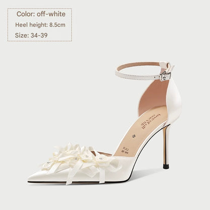PJJUU white pointed toe hollow stiletto heels - PIZZED.
