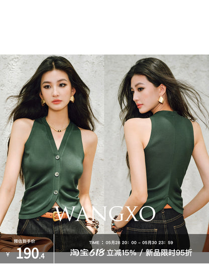WANGXO |Vertical-Cut Acetate Double-Sided Threaded Halterneck Knitted Top -VELA