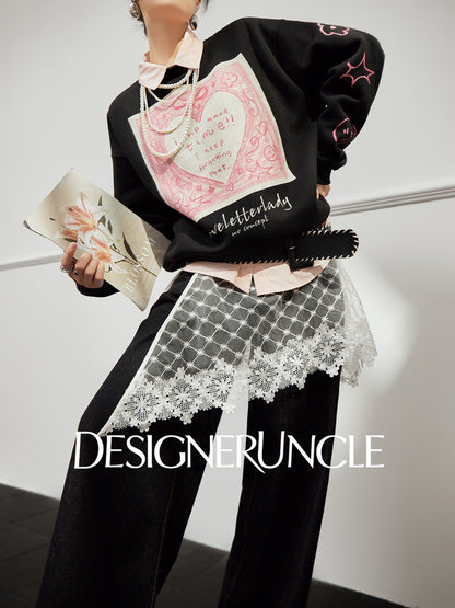 DGU×LAB "Star Dance" black fleece sweatshirt love print crew neck top - MAH