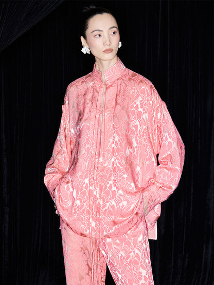 M essential Mackay designer lime jacquard stand-up collar loose top - JAMES.