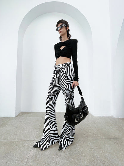 ANNAKIKI black and white contrasting special-shaped striped bootcut trousers for women-HIRANO