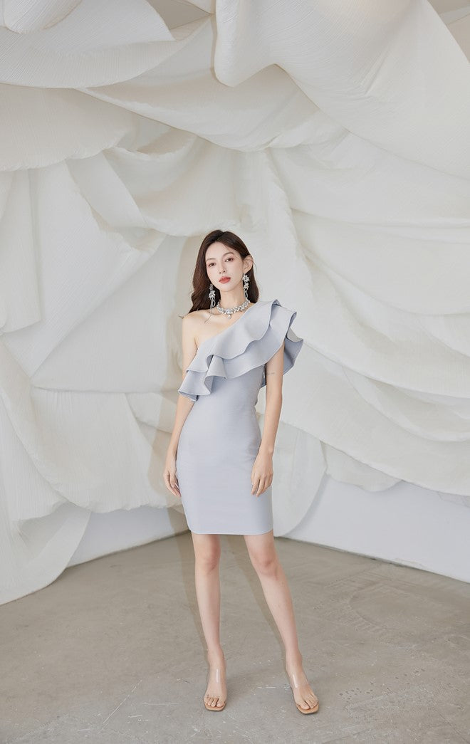 DOLLY High End Slant Collar Ruffled Of Shoulder Body Hug Short Formal Dress-ZENAIDA