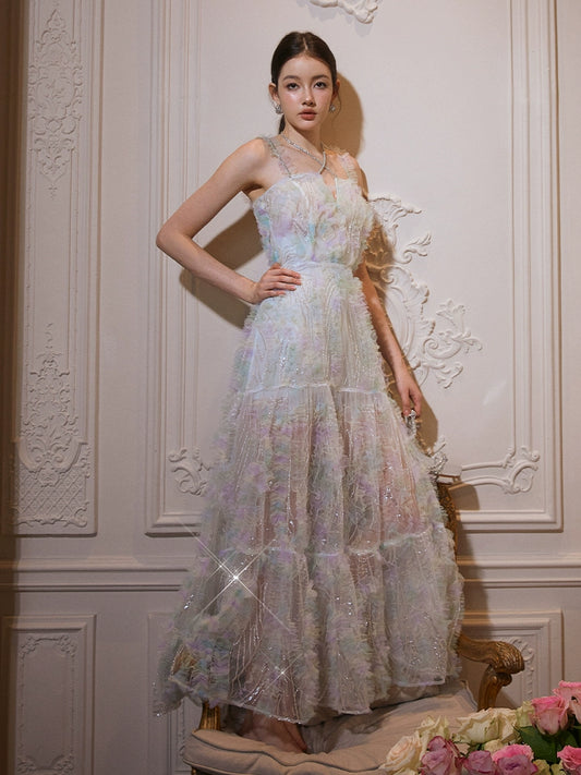 Wardrobes by Chen Luxury Embroidered Beads Diamond Chain Long Dress-Oly