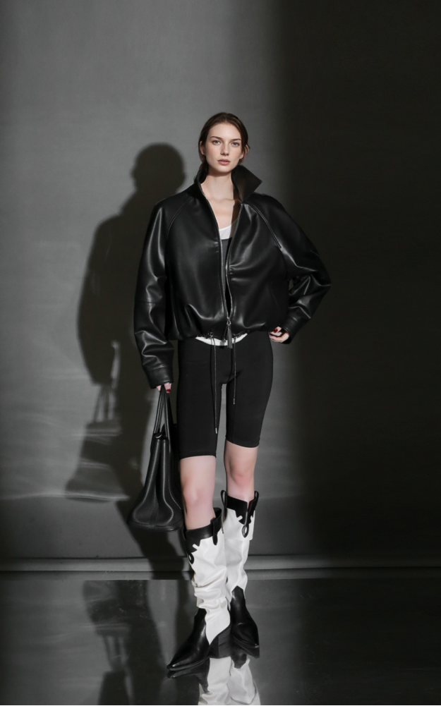 PIAOIN Small lapels short motorcycle leather jacket hem trimmed spring-DAX.