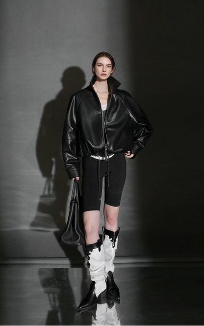 PIAOIN Small lapels short motorcycle leather jacket hem trimmed spring-DAX.