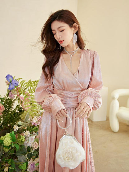 DOLLY Elegant Peach V-Neck Long Puff Sleeve High Waist Long Flowing Guest Dress-BESTY
