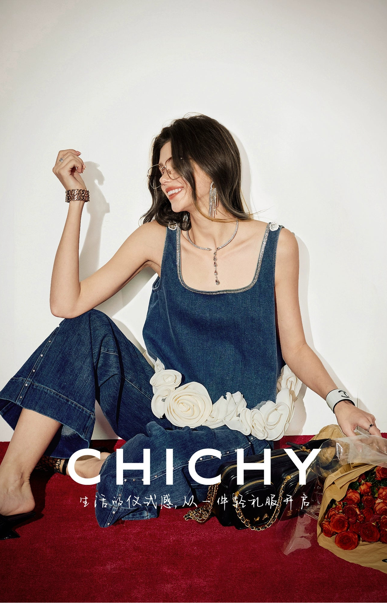 CHICHY retro Hong Kong style dark blue denim wide-leg trouser vest suit -PHARREL