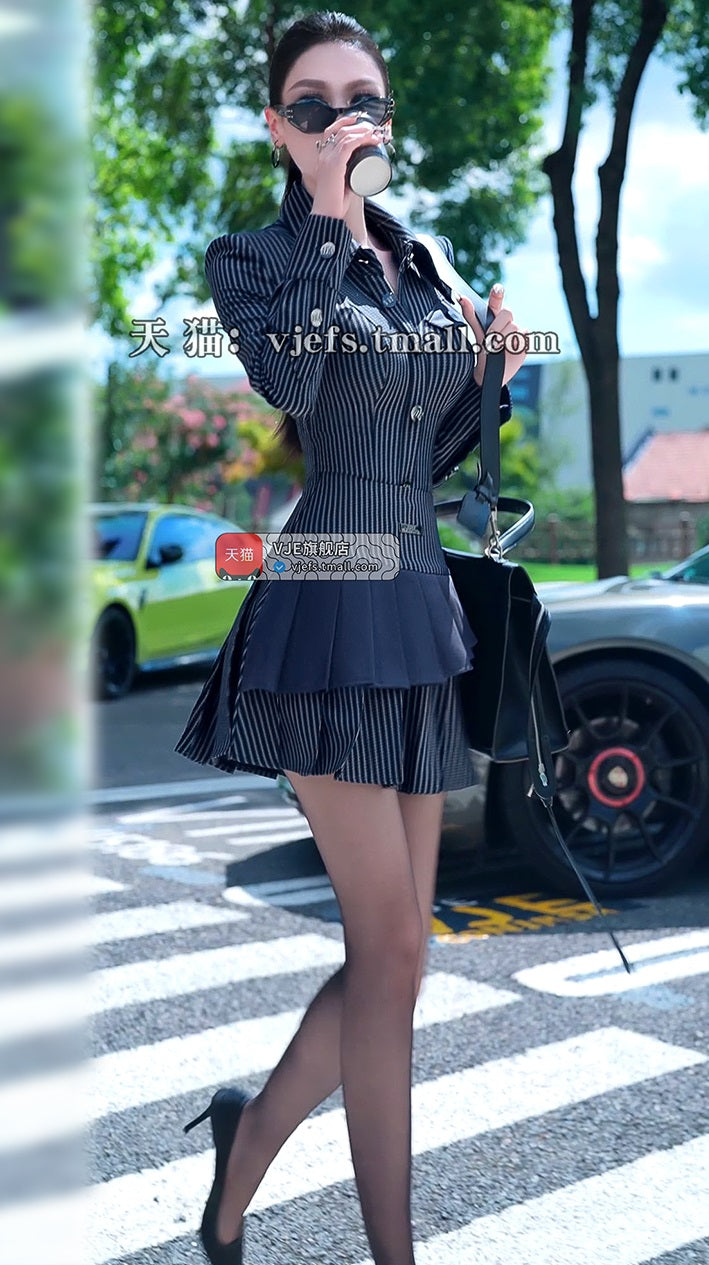 VJE Striped Shirt Pleated Short Skirt Two-Piece Suit Set - PAPA.