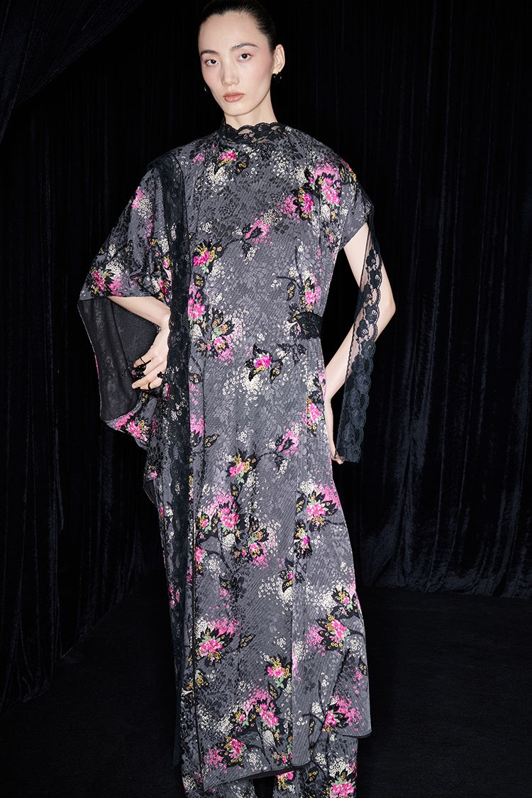 M essential Mackay designer cherry blossom print beaded asymmetrical dress - WORDS.