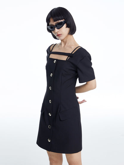 TINY IN dropped shoulders short sleeve square neck little black dress -JAJA