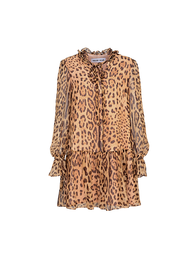 YES BY YESIR | Leopard Print Ruffle Short Dress -MALEINA.