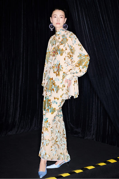 M essential Mackay designer Qili burnt floral velvet dense pleated lace-up loose top - PETER.