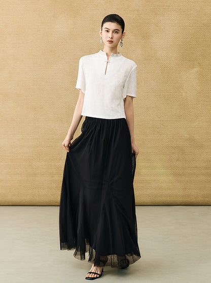 HECO Chinese Flower Embossed Disc Buckle Short Sleeve T-Shirt - BOND.