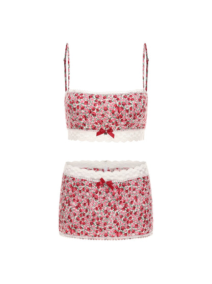 Le Palais Vintage Retro Spice Girl Red Floral Short Low-waisted Skirt-DJO.