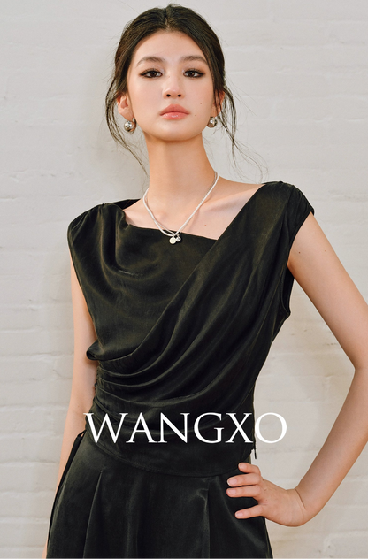 WANGXO | Sleek Cupro Asymmetrical Top and Highwaisted Pants Set -ELENORA.
