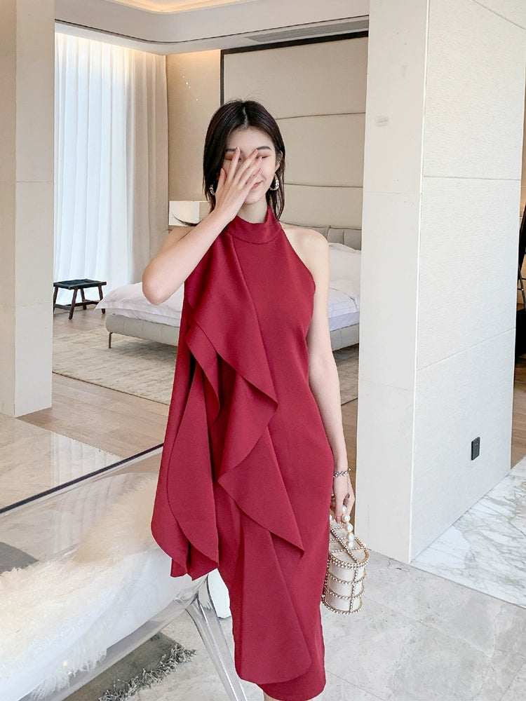 DOLLY Elegant Stand Collar Sleeveless Ruffle Midi Business Dinner Dress-RAINA