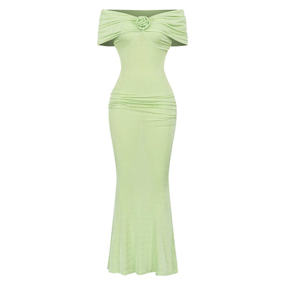 DOLLY Luxury French Style Off Shoulder Short Sleeve Hip Wrap Dinner Dress-ANTHEA