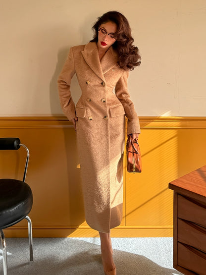 Le Palais Vintage Luxury Beige Suit Collar Long Sleeve Straight Long Winter Coat-KIKE.