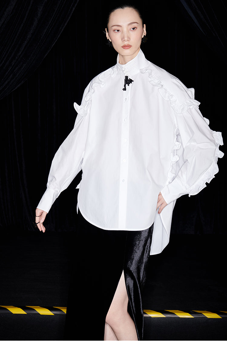 M essential Mackay designer white cotton three-dimensional ruffle trim shirt -  Tori.