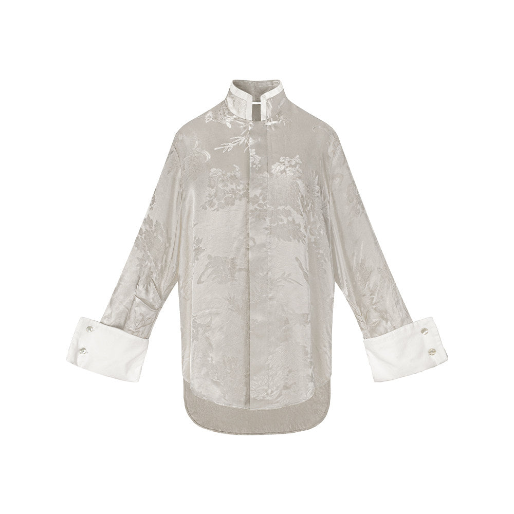 TUYUE Satin Weaving Flowers Relaxed Long-sleeved Shirt- JADE,
