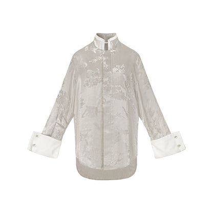 TUYUE Satin Weaving Flowers Relaxed Long-sleeved Shirt- JADE,