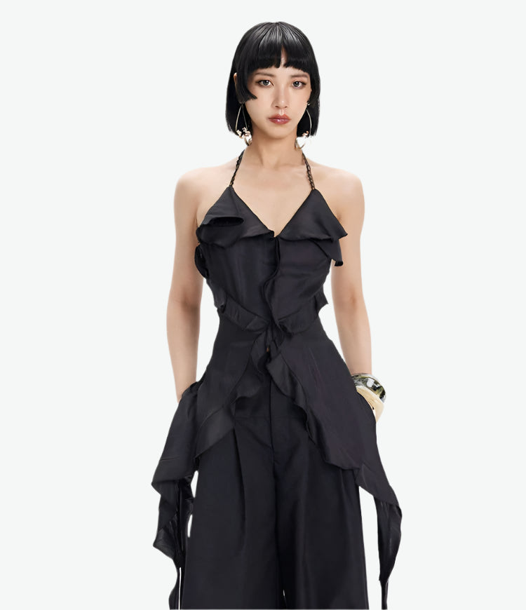 TINY IN irregular ruffled lace halter neck top- PIPI