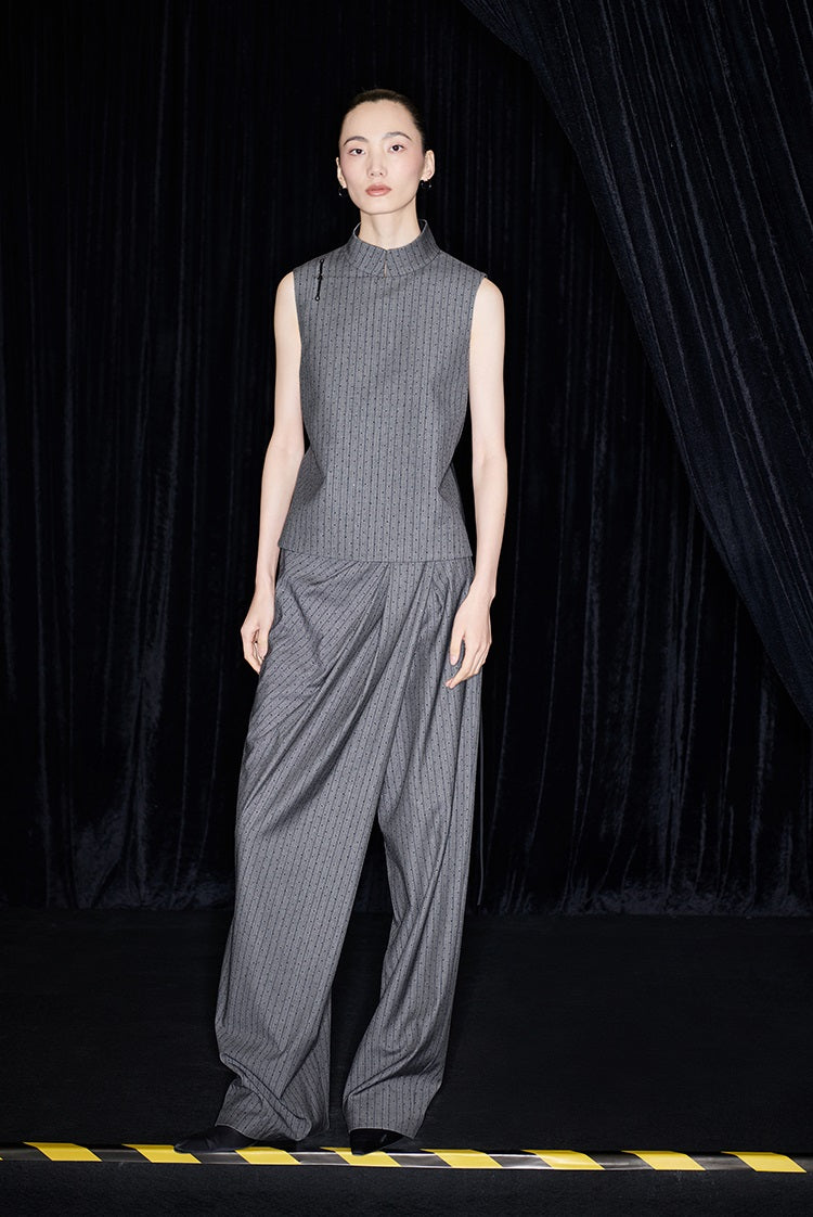 M essential Mackay designer label sand diamond grey stripe diamond buckle drawstring vest - ZING.