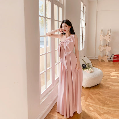 DOLLY High End Retro Style One Shoulder Big Bow Long Dinner Dress-KIKI