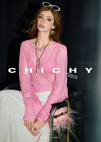 CHICHY long-sleeved cut-out gradient blended pink wool knit chic top-JARVIS