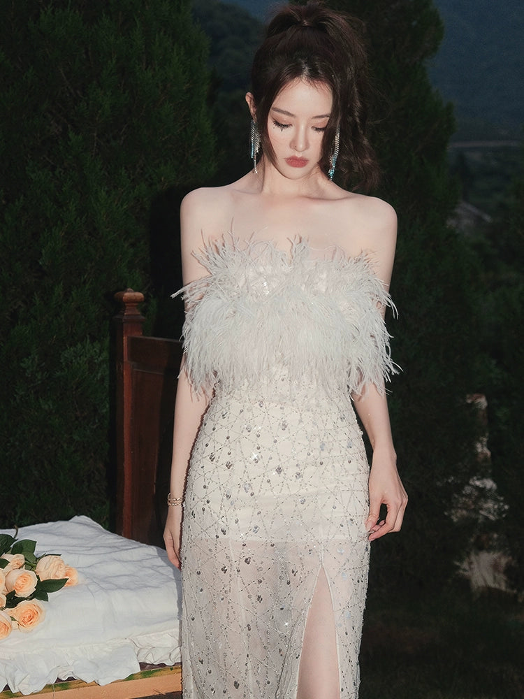 Wardrobes by Chen  luxury wedding White Haute Couture Feather Sequin Dress-Masa