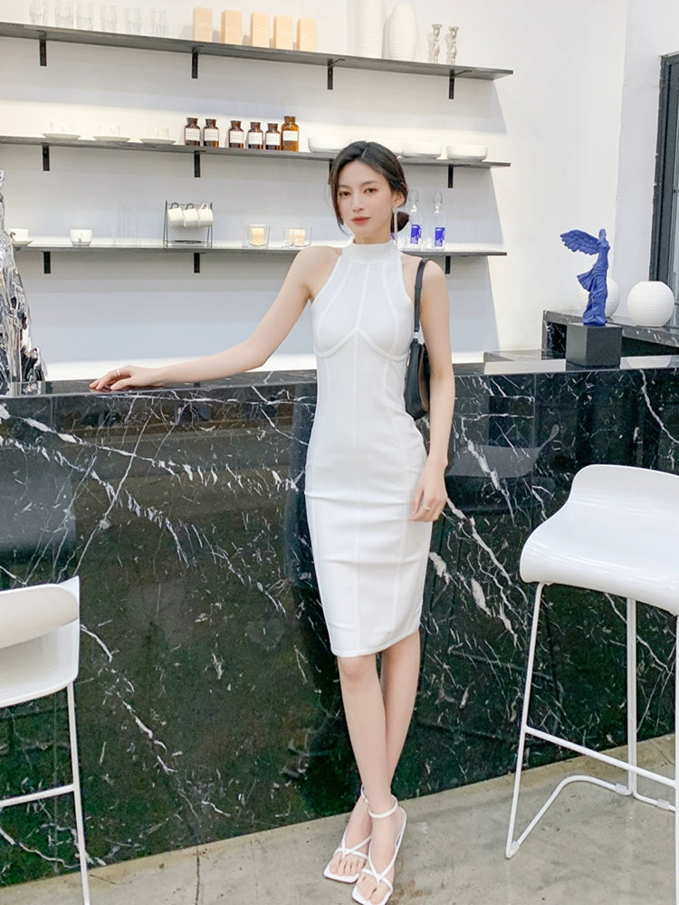 DOLLY Elegant Sleeveless Stand Collar Body Hug Midi Sexy Date Dress-NAT