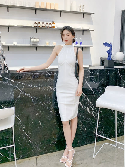 DOLLY Elegant Sleeveless Stand Collar Body Hug Midi Sexy Date Dress-NAT