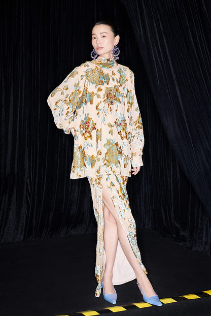 M essential Mackay designer Qili burnt floral velvet dense pleated lace-up loose top - PETER.