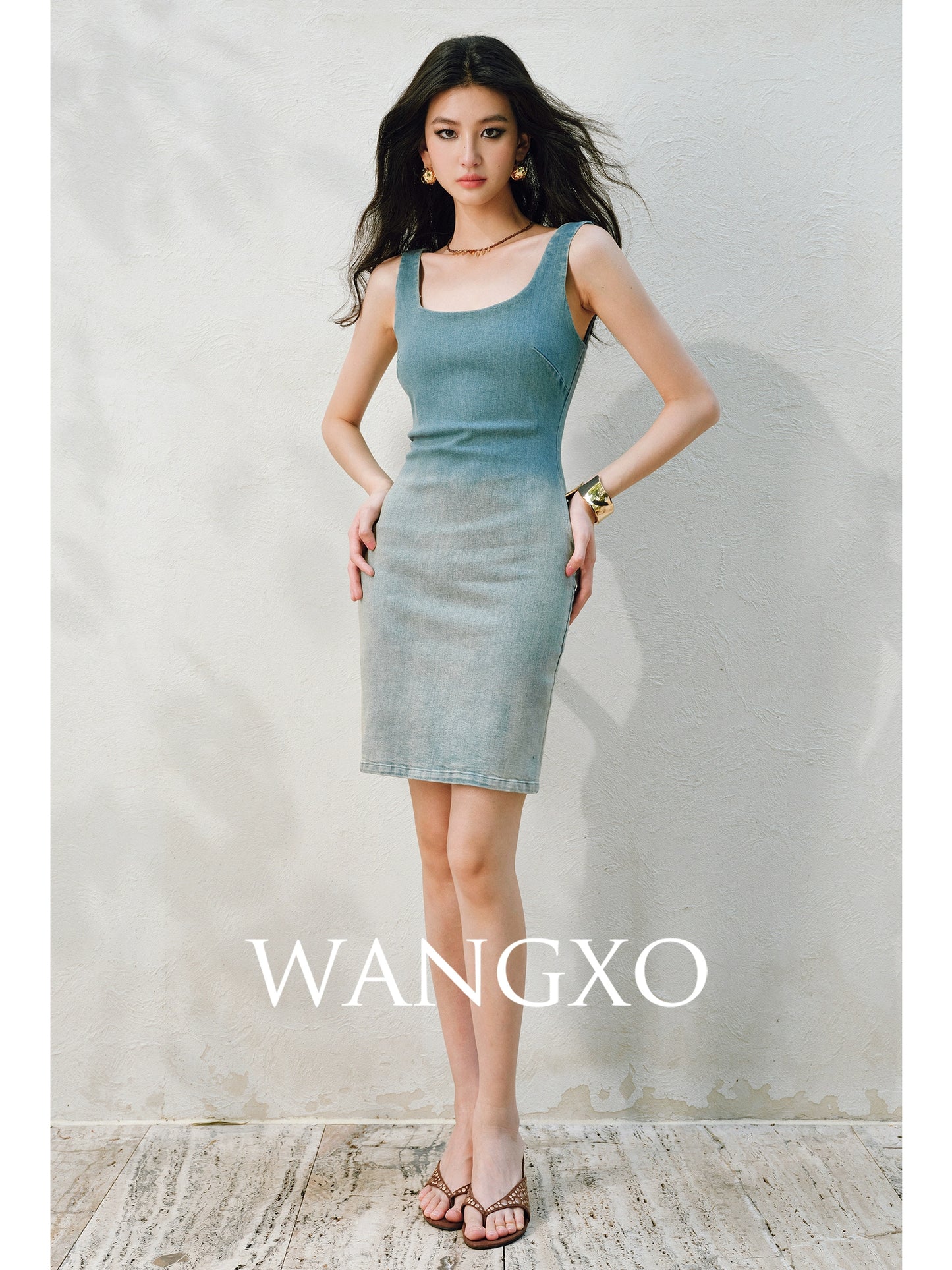 WANGXO |Long-Staple Cotton Neckline and Waist-Cinched Cropped Denim Dress -LANA