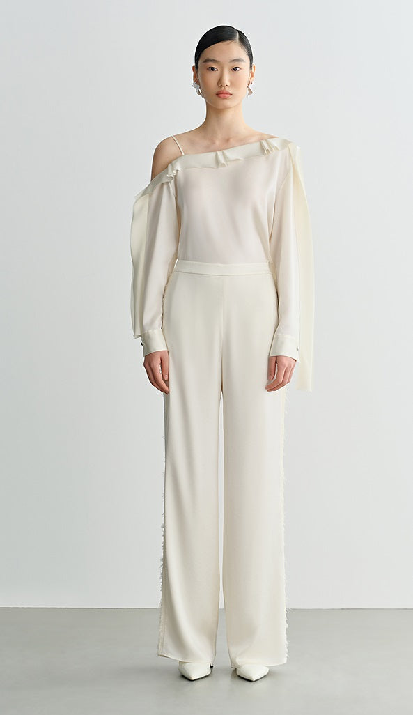 COMME MOI Lv Yan designer summer slanted lace top off-the-shoulder light shirt pants - ROMEO.