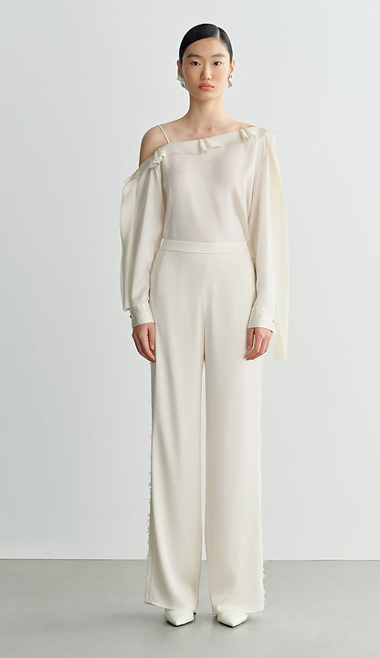 COMME MOI Lv Yan designer summer slanted lace top off-the-shoulder light shirt pants - ROMEO.