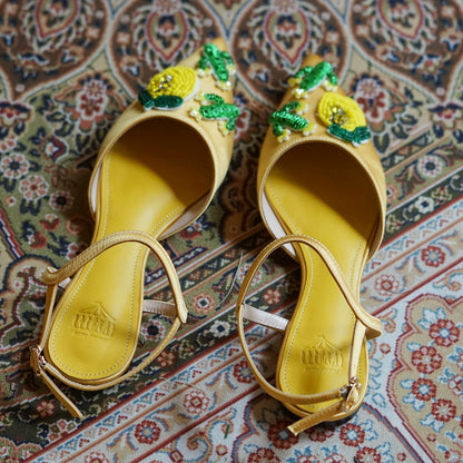 B-FEI Yellow Pointed Toe Embossed Flat Women's Sandals-VILIA.