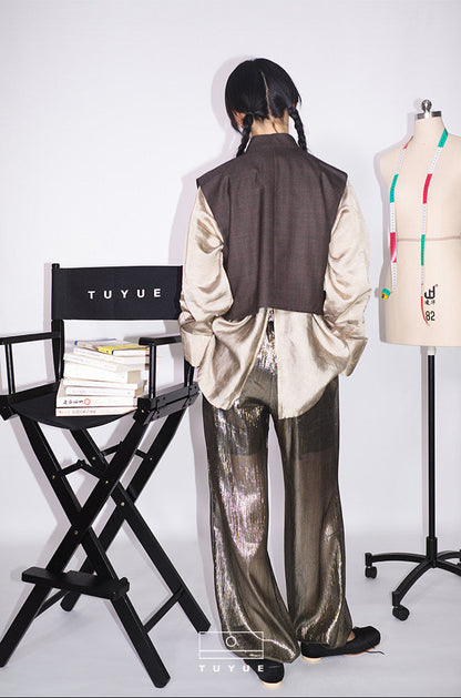 TUYUE wool coffee color dark check short vest - CHRISTINA.