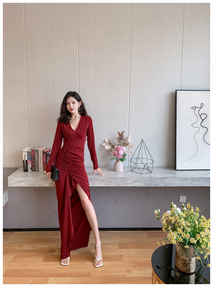 DOLLY Retro Style V-Neck Long Sleeve Pleated Waist Long Slit Dinner Dress-NEYO