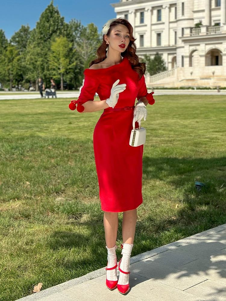 Le Palais Vintage Red Trim Tweed Off-the-Shoulder Dress-DANA